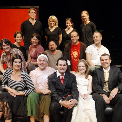 Playwright Stephen Carleton in red t-shirt, director Ian Lawson in white shirt with cast, creatives and crew.