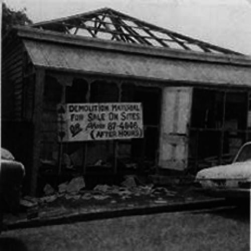 Demolition sign for the first La Boite, the cottage at 57 Hale Street, Milton, 1971.