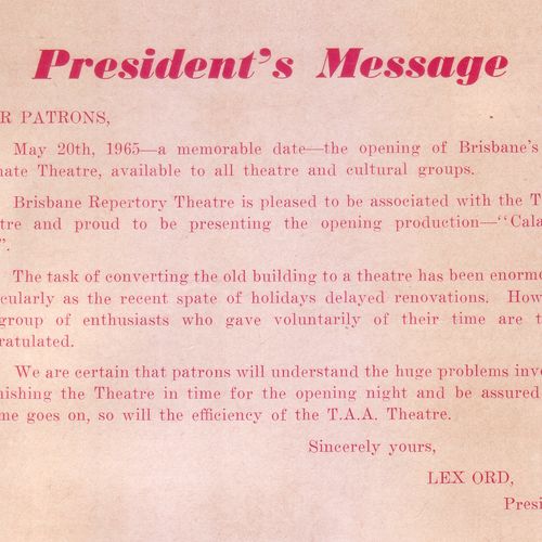 Lex Ord was Brisbane Repertory's Council President between 1964 and 1966.