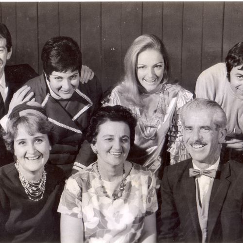 Come Blow Your Horn directed by Rikki Burke (centre front). Back: David Waters, Merlene Gollan, Jacque Byrnes, Frank Gallagher.
Front: Gwen Smith, Rikki,  Edward Thompson, 1969.