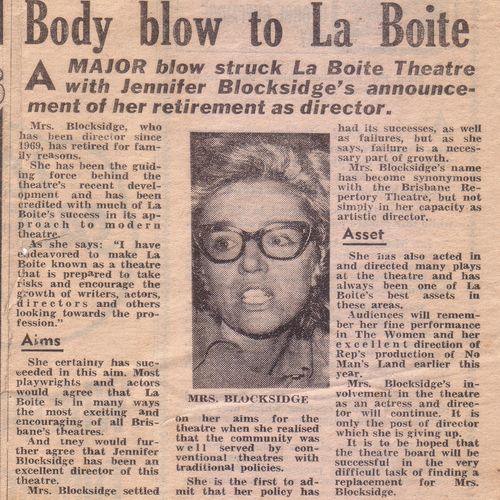 The announcement of Jennifer Blocksidge's retirement as Honorary Artistic Director, 1975