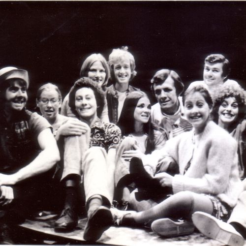 The director Ron Finney (tallest figure in back row), cast and crew of The Sport of My Mad Mother by Ann Jellicoe, 1975.