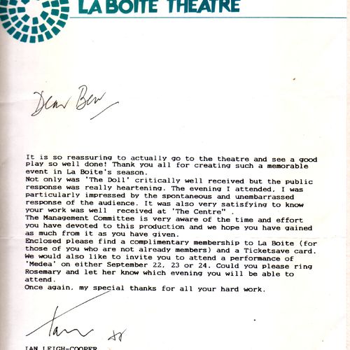 Letter to Bev Langford from La Boite Board Chair Ian Leigh-Cooper