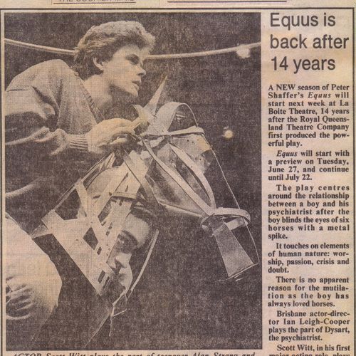 Scott Witt as Alan Strang and Nathan Kotzur as the horse Nugget in Equus, The Courier Mail, June 24 1989
