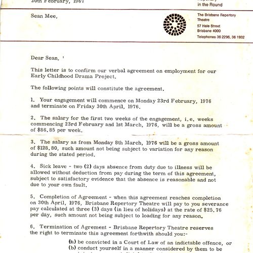 Sean Mee's confirmation letter of his employment in the inaugural ECDP team, 1976.