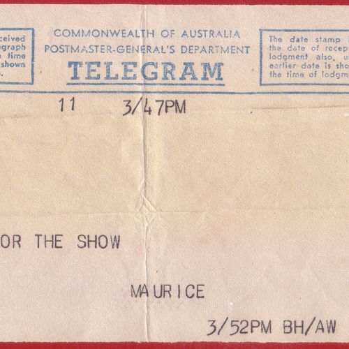 Telegram from Maurice Chevalier to Beverley Bayes, star of Gigi.