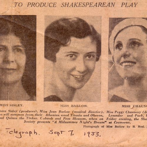 Publicity for Sisley's 1933 production of A Midsummer Night's Dream for the Shakespearean Society at the Cremorne.