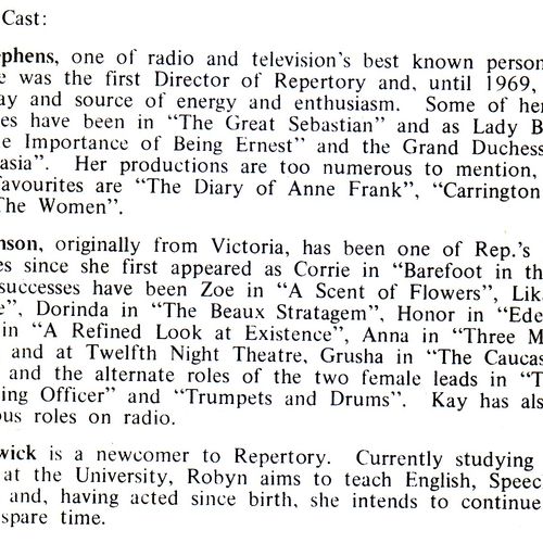 Cast program notes  for The Anniversary, 1973.